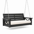 Schwarze Holzschaukelbank mit weißem Kissen und Ketten 150 cm