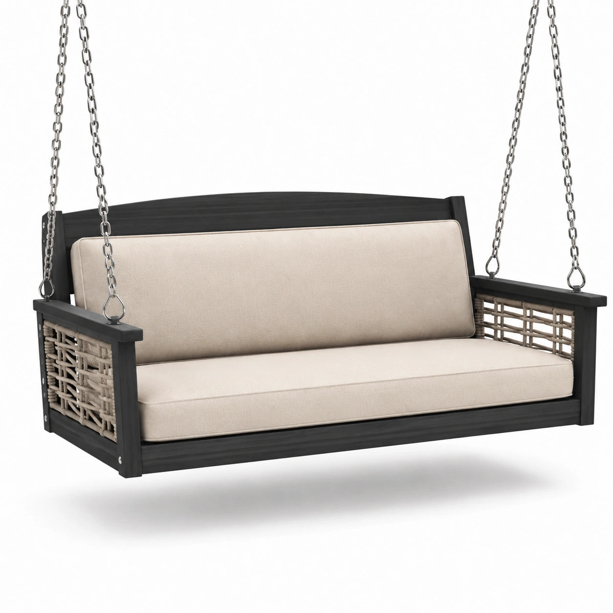 Holz-Schaukelbank mit Polyrattan und Polyesterpolster in Beige