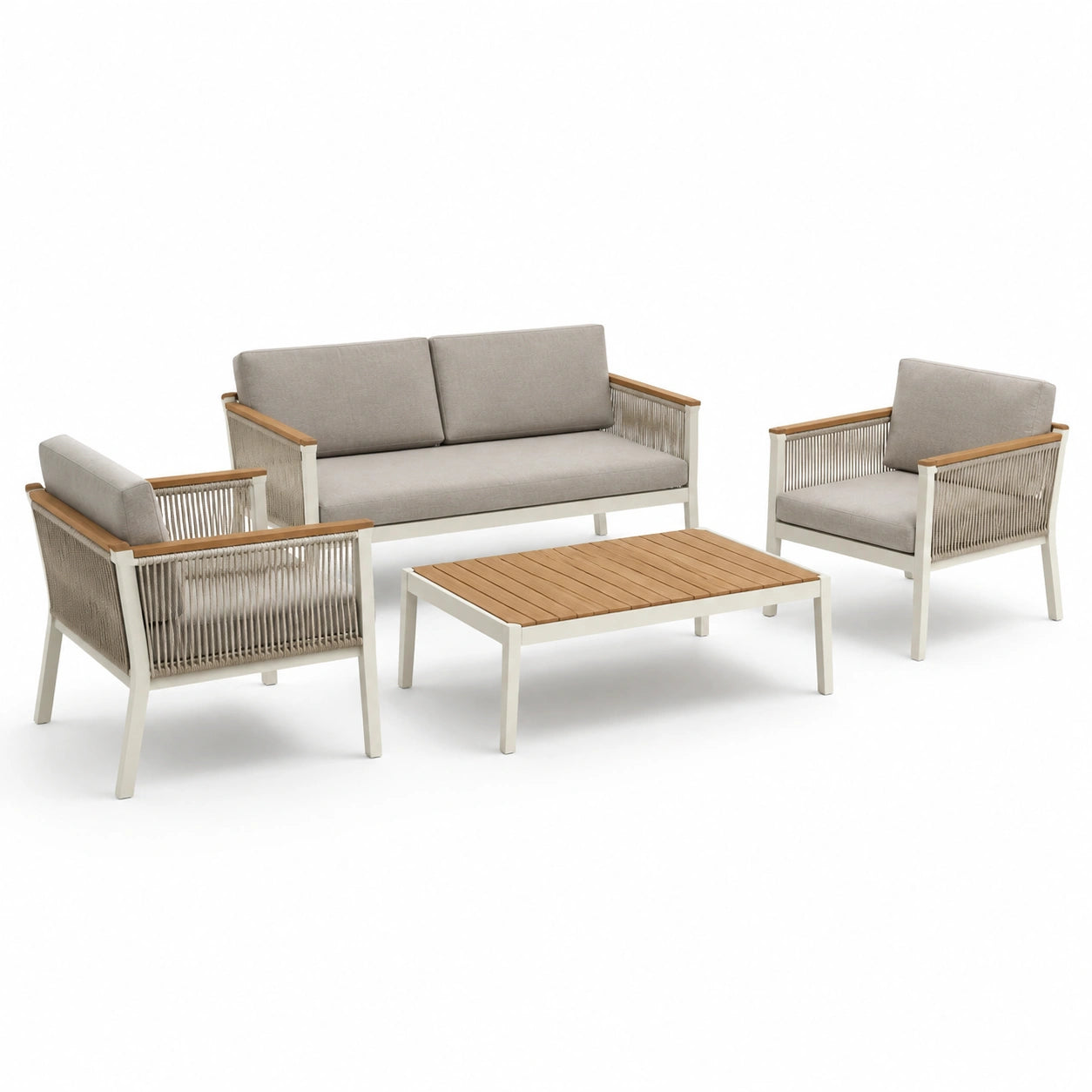 Gartenmöbel Set aus Aluminium und Teak mit Kissen, Beige und Hellgrau