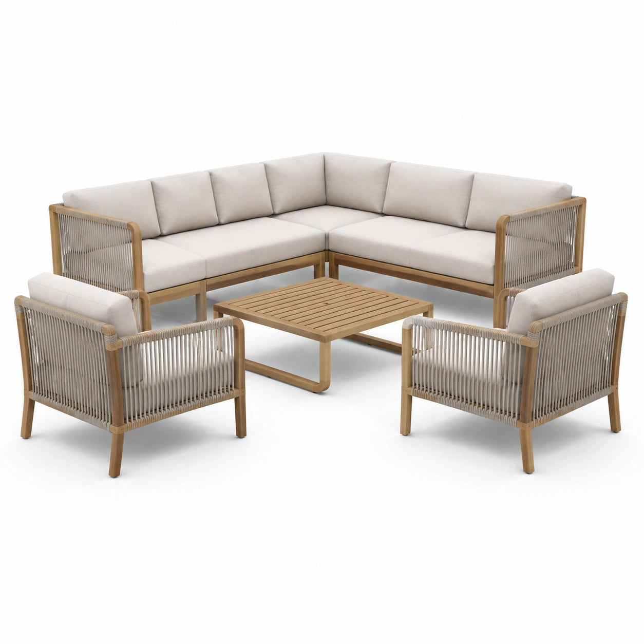 Teakholz Ecksofa Set mit Polyester-Seilen und Schaumstoffkissen, 70x70 cm Tisch