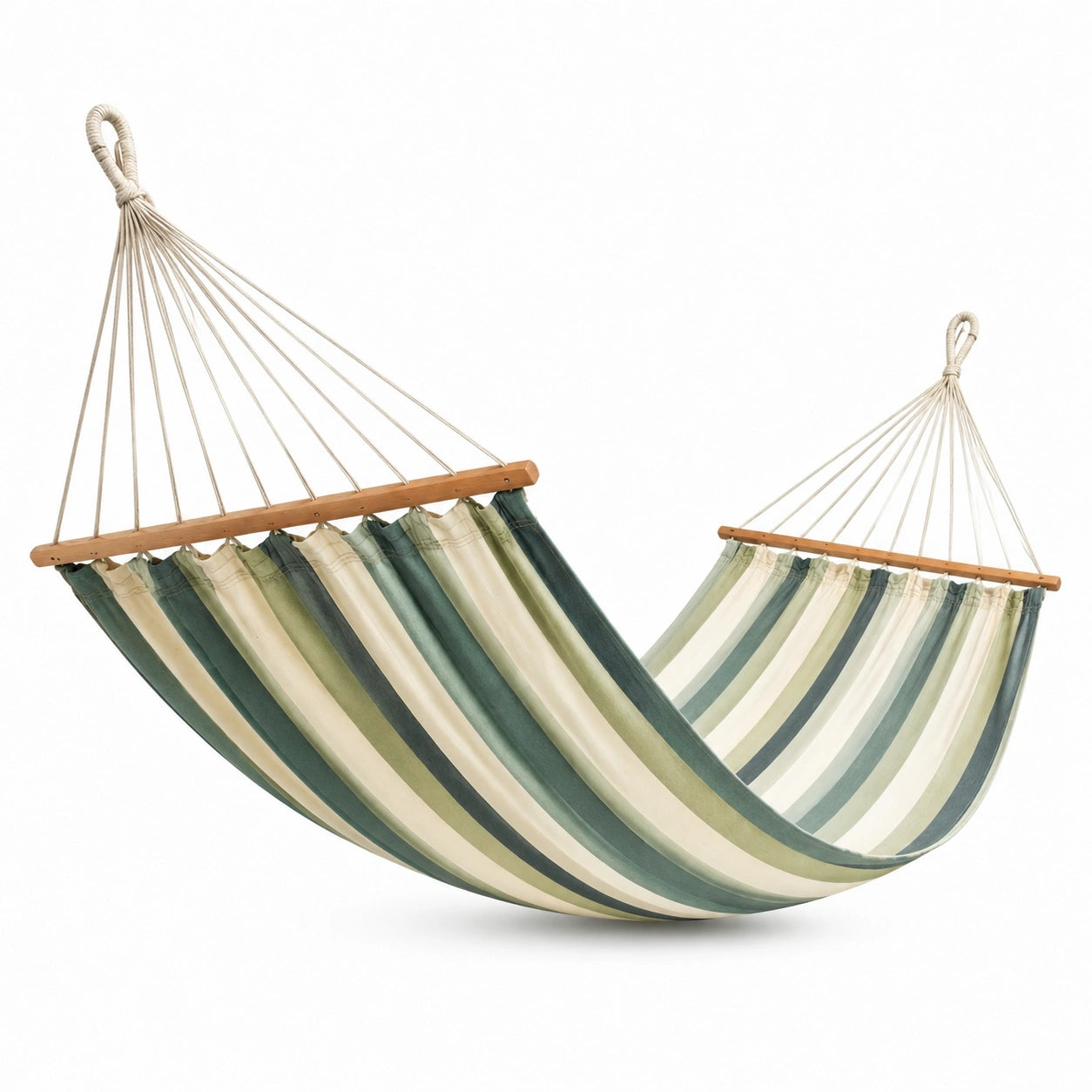 Baumwoll-Hängematte mit Massivholzstab 200x100 cm Grün/Weiß/Beige