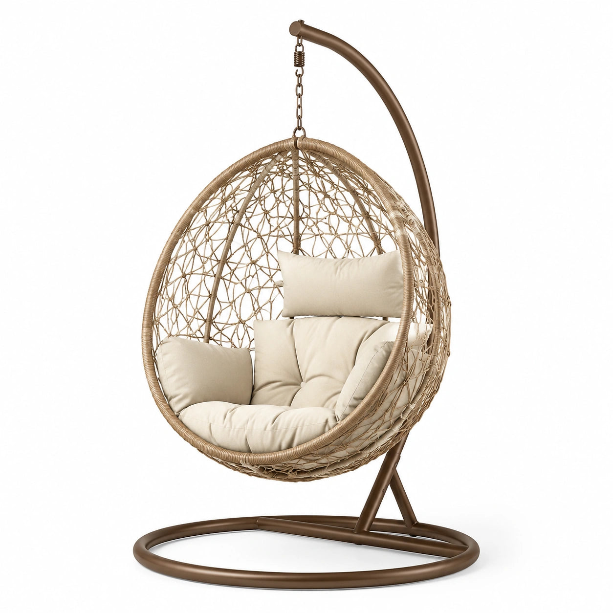 Hängesessel aus Rattan mit Stahlrahmen und beigen Kissen