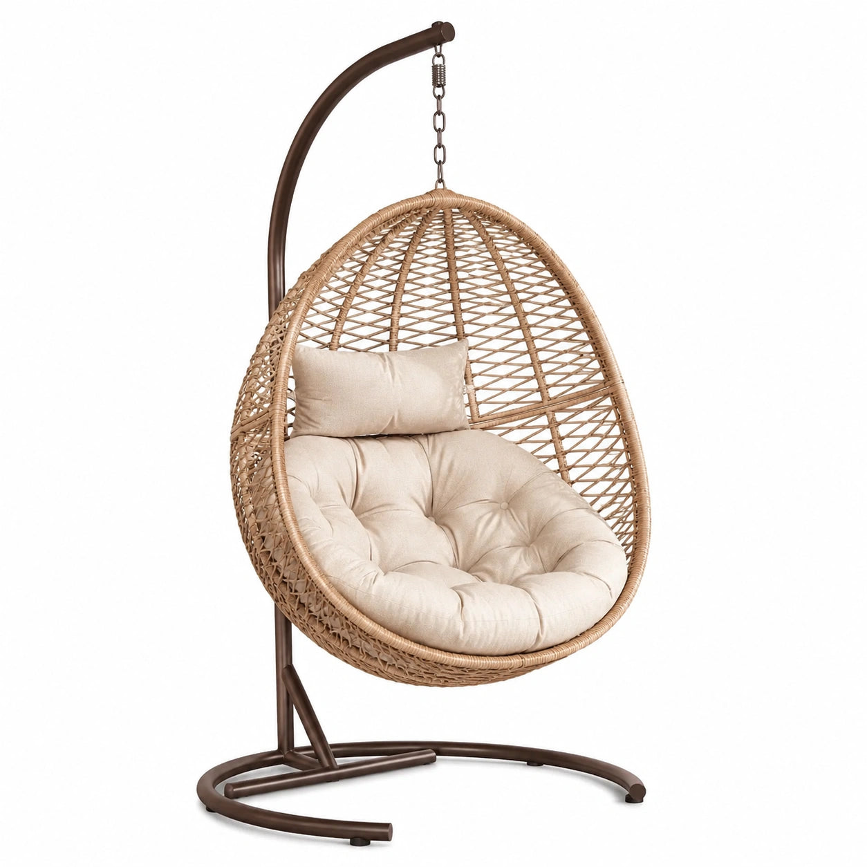Rattan-Hängesessel mit Stahlrahmen und Baumwollkissen Beige