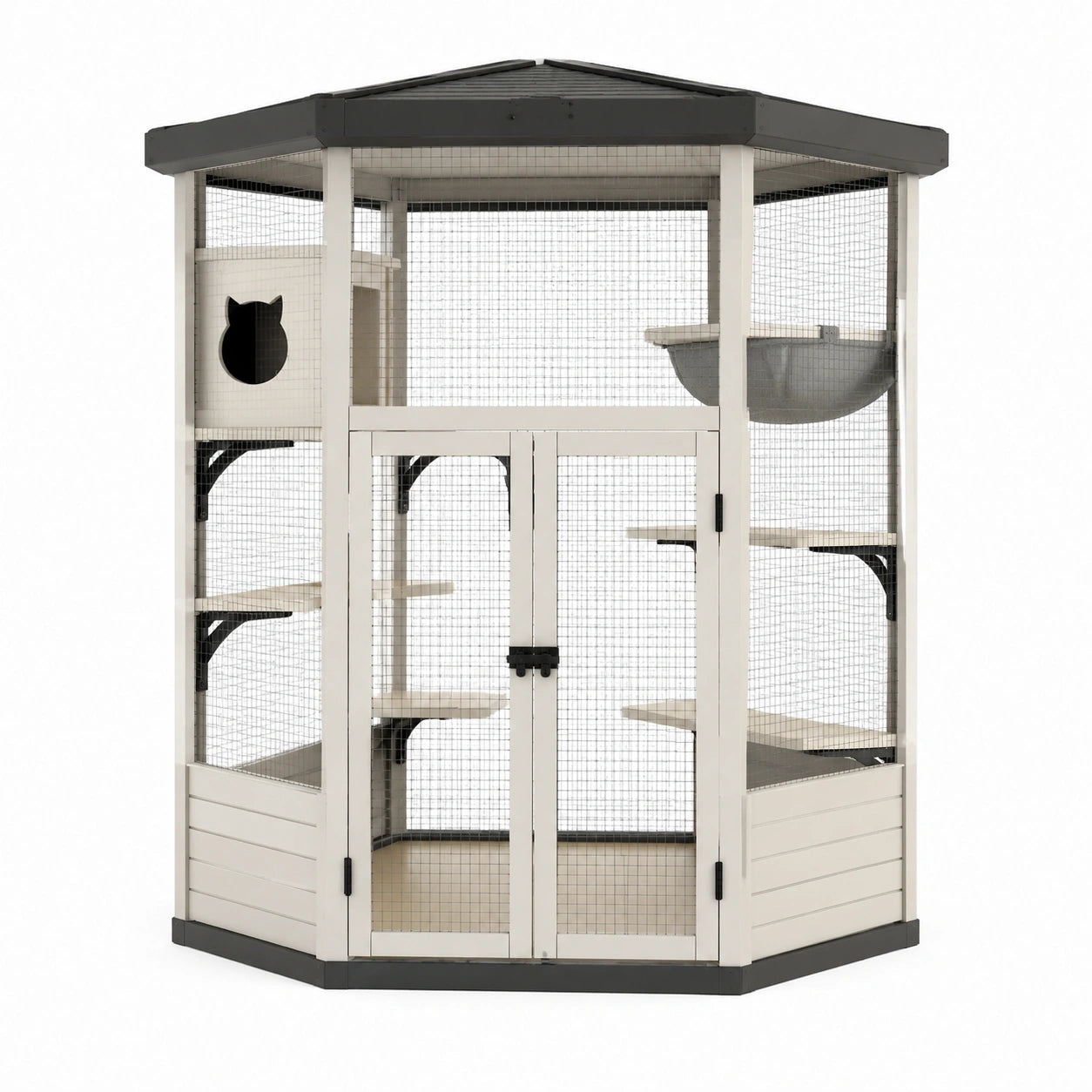 Sechseckiges Katzengehege aus Holz und Metallgitter Beige mit Regalen