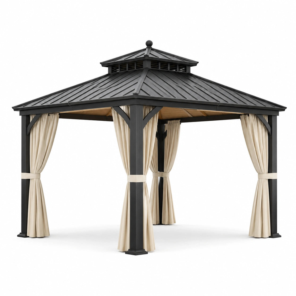 Gartenpavillon aus Stahl mit Polycarbonatdach und Polyester-Vorhängen Schwarz/Beige 300x400cm